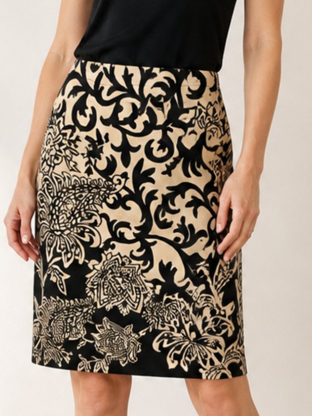 Liz Claiborne Floral Print Midi Skirt Black Beige Size 12